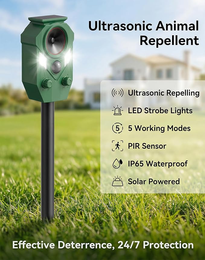 Solar Ultrasonic Animal Repellent Outdoor, Motion Activated Deer Repellent Devices with Flashing Lights, Waterproof Cat Repellent Outdoor, Repels Dog, Raccoon, Coyote for Garden & Lawn (2, Green)