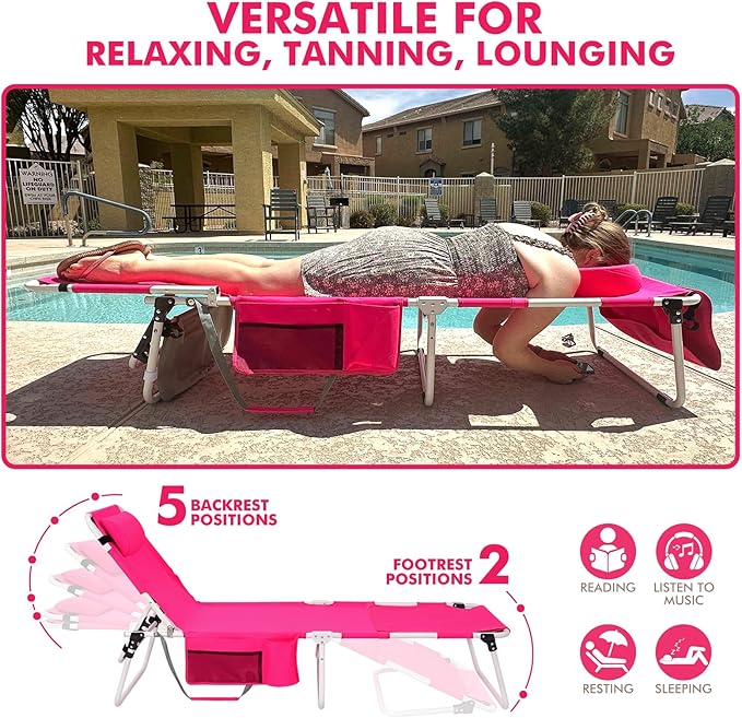 Tanning Chair with Sun Canopy Face Hole Softer Padded Adjustable Washable, Heavy Duty Layout Folding Lounge Chair for Adults Outside Beach Reading Sunbathing Poolside, UPF 50+ Sun Shade, Pink, 300 LBS
