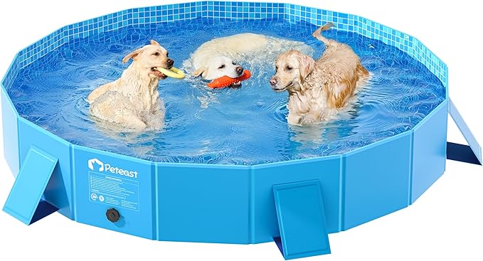 Peteast Foldable Dog Kiddie Pool with Stable Side Support, Hard Plastic Shell Portable Dog Pool, Collapsible Swimming Pools for Pet and Kids, 71 in