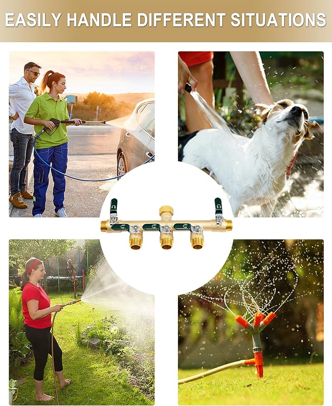 EBH Garden Hose Splitter 5 Way, Heavy Duty Solid Brass Hose Splitter with Shutoff Valves, Water Spigot Splitter With 304 Stainless Steel Handle, Full Flow Outdoor Faucet Splitter, 3/4" GHT Thread