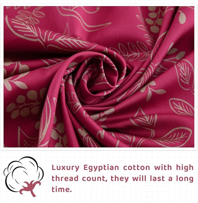 QSH Floral King Size Sheet Sets - 100% Egyptian Cotton Floral Bedding Sheets Red Flower Pattern Botanical Printed Bedding King Size Bed Sheets 17.5" Extra Deep Pocket 4pcs