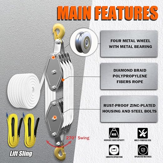 YATOINTO Rope Pulley Hoist 4400 LB, 8:1 Lifting Power Pulley Block and Tackle System, Pulley Block 2200LB Loading Capacity, 65ft Heavy Duty Rope Hoist for Lifting Pulling (with 2PCs Straps)