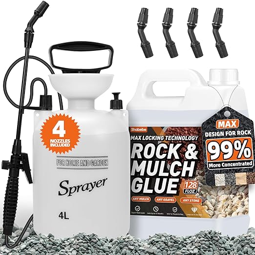 Rock Glue, 1Gallon Mulch Glue for Landscaping with Sprayer, 99% Ultra Stick Pea Gravel Stabilizer Landscape, Non-Toxic Rapid-Dry Landscape Binder, Dries-Clear Gravel Binder for Pebble Garden