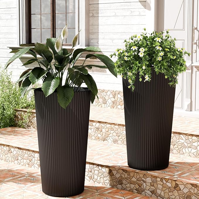 23.6" H Tall Planters for Outdoor Plants, 2 Pack Large Outdoor Planters for Front Porch Decor with Drainage Hole, Plastic Striped Flower Pots Fits Indoor Plants Patio Garden, Black