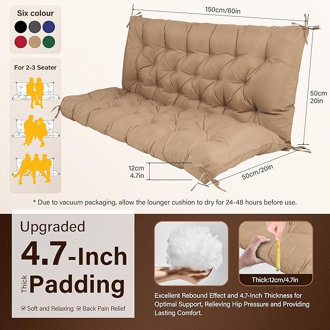 Waterproof Porch Swing Cushions 60 Inch,2 3-Seater Replacement for Outdoor Furniture with Backrest and Straps, Thick 4" Swing Seat Bench Cushion for Loveseat Glider Bench Patio Lawn Backyard