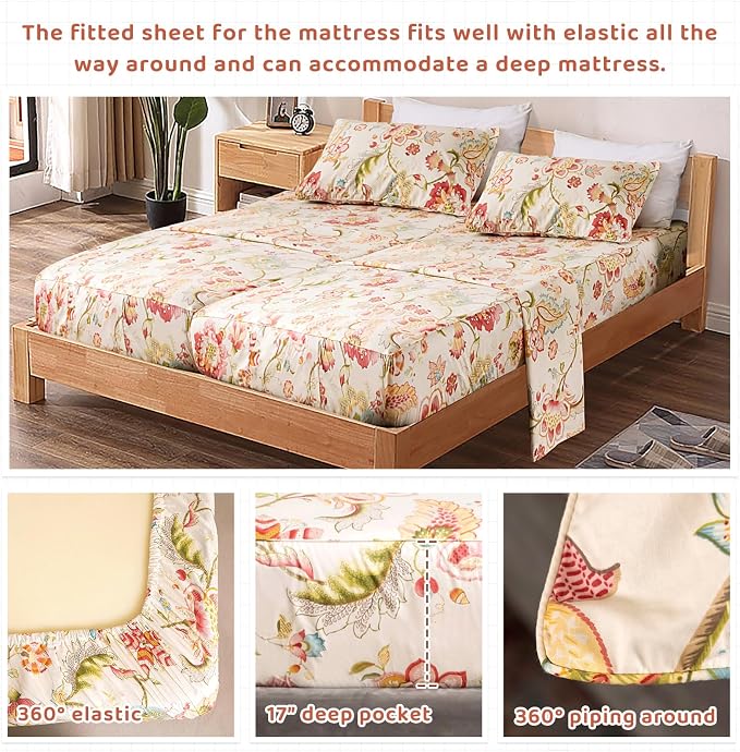 QSH 100% Egyptian Cotton Floral Sheets for Split King Size Bed, Red Yellow Flowers Plant Pattern Botanical Printed Bedding Deep Pockets 17" Soft and Breathable 4pcs