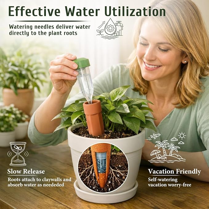 Honeydak 6pcs Large Terracotta Watering Spikes with Lids 7'' Automatic Plant Waterer Self Watering Stake Planter Insert Slow Release Device for Bottles 8-12'' Pot Plants Indoor Outdoor Garden Vacation