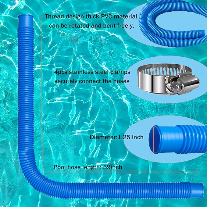 Pool Hoses Pool Pump Replacement Hose, 1.25 x 59 inch Above Ground Pool Hoses Tubes Compatible with Intex Filter Pump 607, 603, 637, 2 Pack Hose 4 Clamps Poolhose-2Pcs