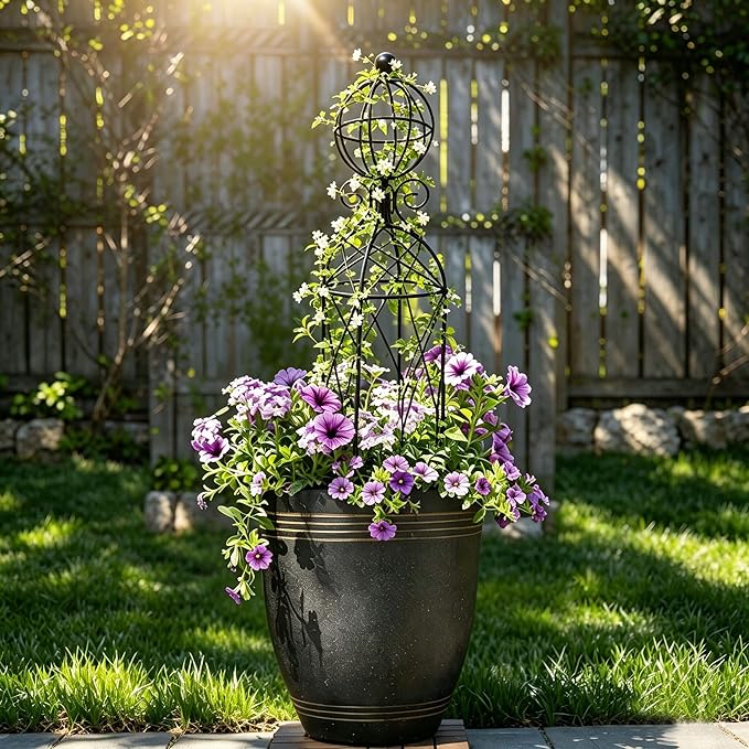 2-Pack Metal Garden Obelisk Trellis, 28" Geometric Sphere Plant Support | Tool-free assembly; fits 9–12in planters, metal obelisk for roses clematis mandevilla vines, 2-pack black outdoor décor