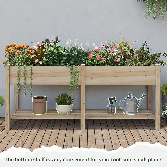 Wooden Raised Garden Bed, Planter Box with Legs, Garden Planter with Divider Bag for Backyard, Patio, Balcony, Planter Stand Box for Herbs and Vegetables(Natural-L)