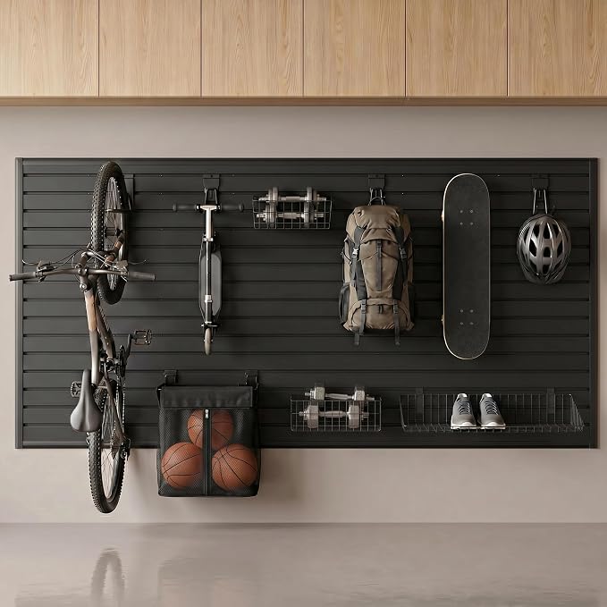 Smartstandard 29PCS Slatwall Accessories, Includes 3PCS Bike Hooks, 2PCS Wall Baskets, 1PC Shelf, 1PC Large Mesh Storage Bag and 22PCS Multi Shapes(J/U/Straight) Hooks, Accessory for Sports