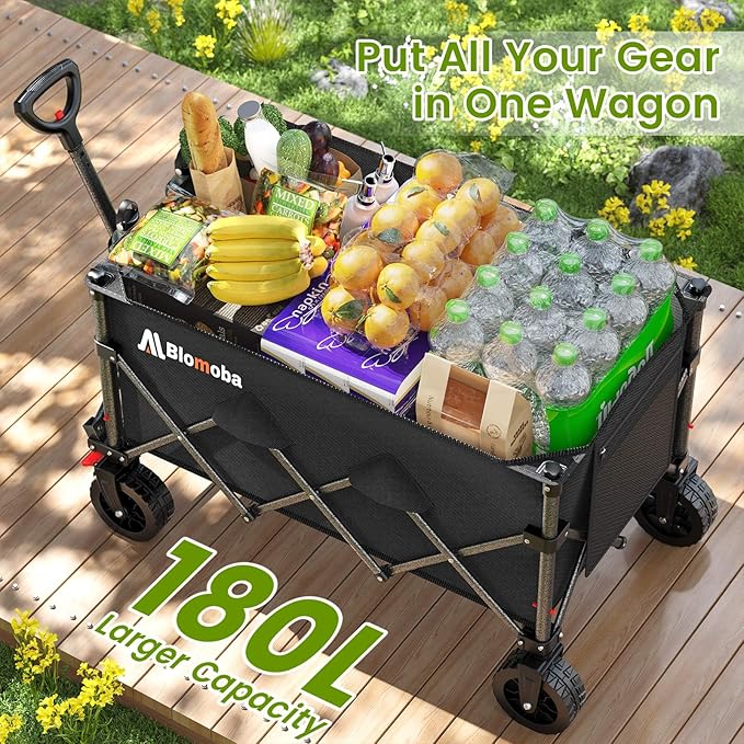 Blomoba Folding Wagon Cart with Wheels, 180L 330LBS Heavy Duty Utility Wagon, Beach Wagon with All-Terrain Wheels, Portable Grocery Wagons for Camping, Shopping, Garden, Sports, Black