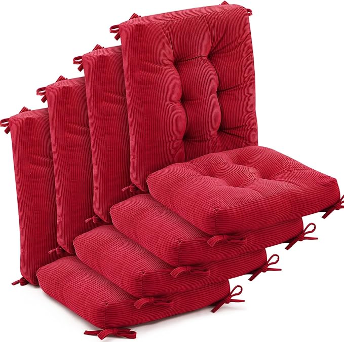 Juexica 4 Set Outdoor Patio Chair Cushions Corduroy Seat High Back Tufted Pillow Replacement Rocking Chair Cushions Patio Chair Pads for Autumn Winter Seasonal Indoor Home Office(Red)