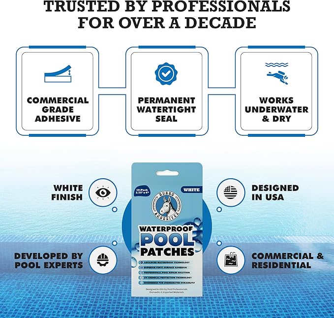Burro Adhesives 10-Pack Waterproof White Pool Patches - Professional Grade PVC Repair Kit with 2.75" x 4" Heavy Duty Patches for Commercial & Residential Vinyl Liner Pools, Works Underwater & Dry