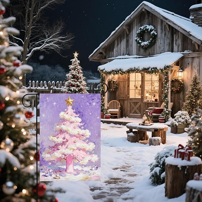 Christmas Garden Flag 12x18 Inch Purple Pink Xmas Tree Pearl Winter Holiday Decorative Yard Flags for Outside Double Sided Seasonal Outdoor Home Farmhouse Decoration Porch New Year Decor
