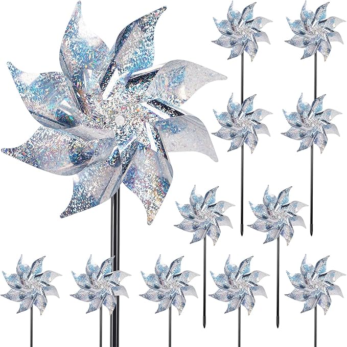 Hausse 12 Pack Reflective Pinwheels with Stakes (Pre-Assembled), Extra Sparkly Pin Wheel for Garden Decor, Bird Repellent Devices Deterrent to Scare Birds Away from Yard Patio Farm, Silver