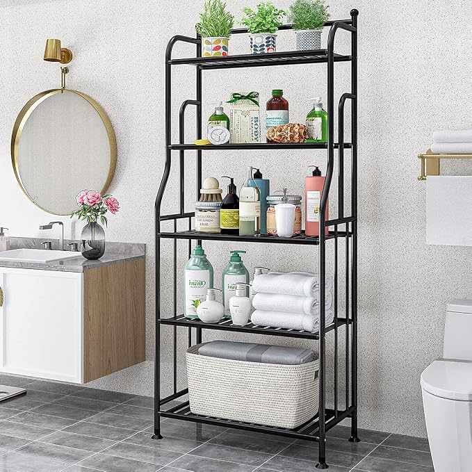 5 Tier Metal Plant Stand Iron Flower Pots Holder Storage Shelf, Planter Display Rack Indoor and Outdoor Multiple Shoe Organizer for Garden Balcony Living Room Kitchen Bathroom (Black)