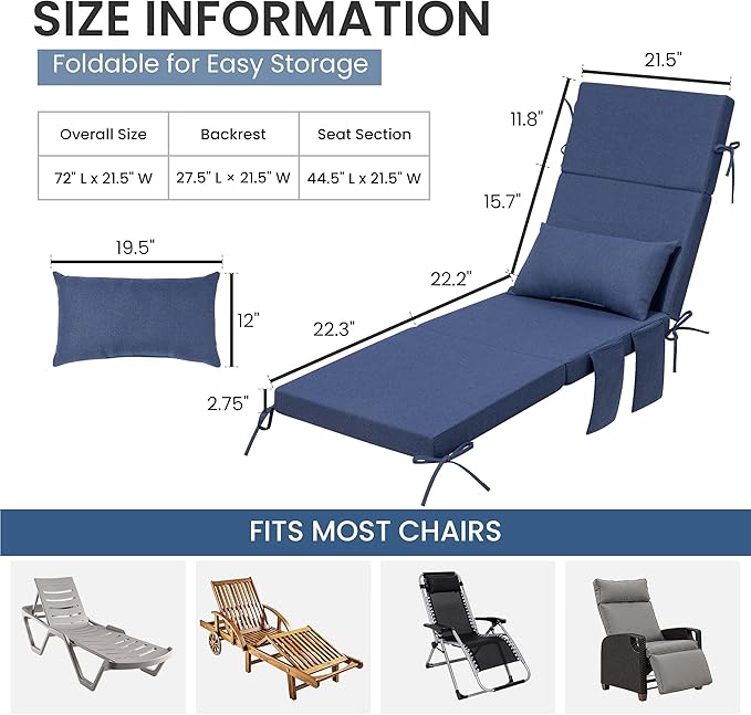 Crestlive Products Foldable Outdoor Chaise Lounge Cushions with Head Pillow and Side Pockets,Water Repellent & Fade Resistant Lounge Chair Cushion, 72''L x 21''W, Set of 2, Sky Blue