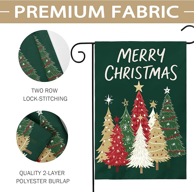 Merry Christmas Garden Flag 12x18 Inch Forest Green Xmas Tree Holiday Winter Decorative Yard Flags for Outside Double Sided Seasonal Outdoor Home Farmhouse Decoration Porch New Year Decor