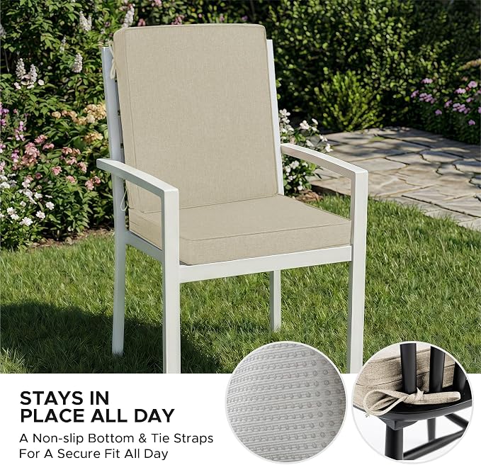 Outdoor Chair Cushions, Water-Resistant & Fade-Resistant, Patio Furniture Lawn Dining Chair Seat Replacement with Mid Back, Ties Zipper, Removable Cover, 18 x 16.5 Inch, Set of 2, Beige