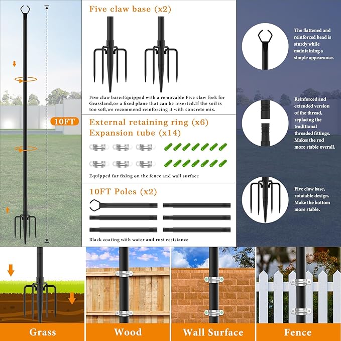 Mutovlin 6 Pack String Light Poles,10 Ft Light Poles for Outside String Lights,Outdoor Lights Pole with Fork,Metal Poles Stand for Patio Deck Backyard