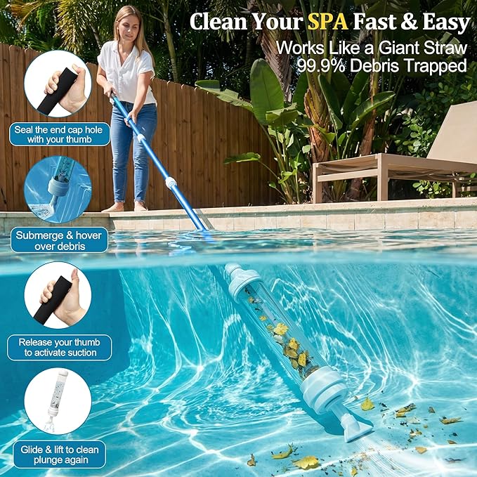 Spa Vacuum Compatible with 6250 Paradise Power, No Pumping, No Batteries or Electricity, Powered by Water Pressure, Cordless Hot Tub Vac Cleaner Picks up Pebbles, Sand&Debris, with Telescopic Handle