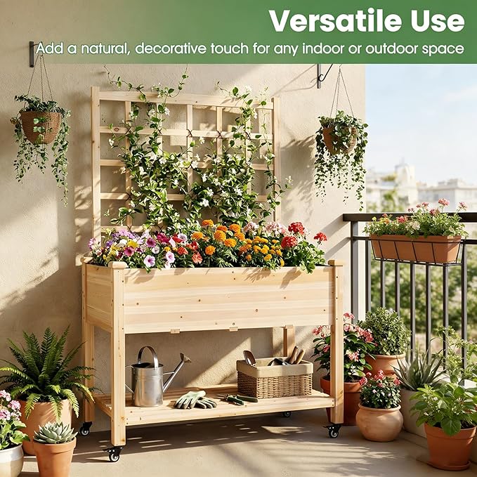 COSTWAY Wooden Raised Garden Bed with Trellis, Mobile Elevated Planter on Wheels, 285 lbs Capacity with Liner & Drainage Holes, Freestanding Outdoor Box for Climbing Plants, Vegetables, & Herbs