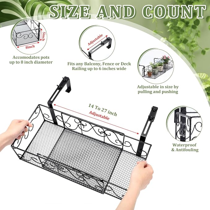 Youyole Railing Hanging Planter Holders, Adjustable Balcony Flower Pot Rack Stand, Expands 14"-27" Iron Hanger Hooks Fit Almost Any Balcony, Fence or Deck Railing up to 8" Wide(Black)