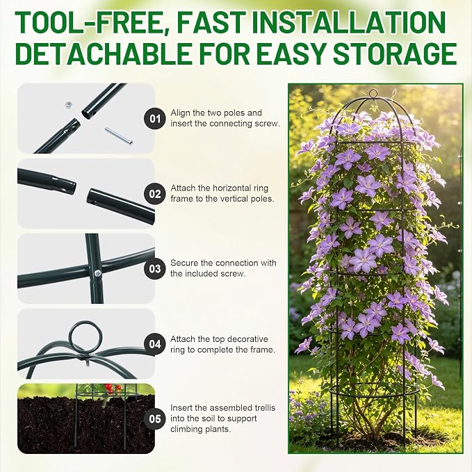 Trellis for Climbing Plants Outdoor, 75" Tall, 21" Dia, Heavy Duty Metal Garden Trellis Tower Potted Cages for Flowers Fruits Vegetable Cucumber Tomato Rose Clematis Pea Bean Raised Bed Trellises