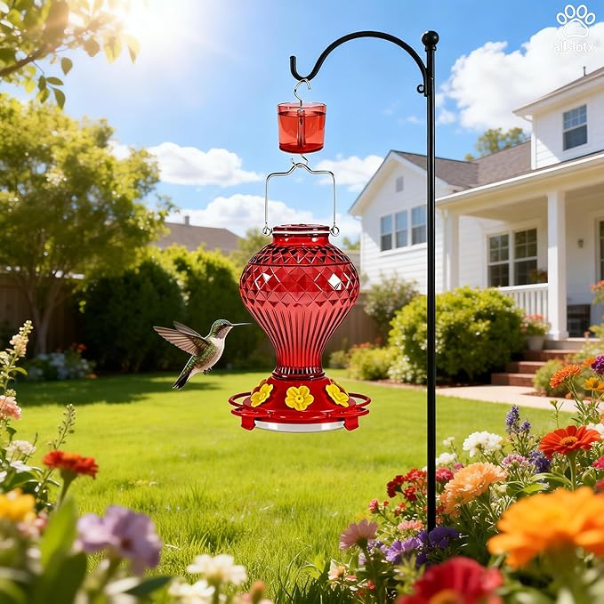 Glass Hummingbird Feeder for Outdoors Hanging, 20 oz Nectar Capacity, 6 Feeding Ports, Leak-Proof Rust-Free Plastic Base, Easy to Refill & Clean, Decorative Red Glass Bird Feeder for Garden Patio