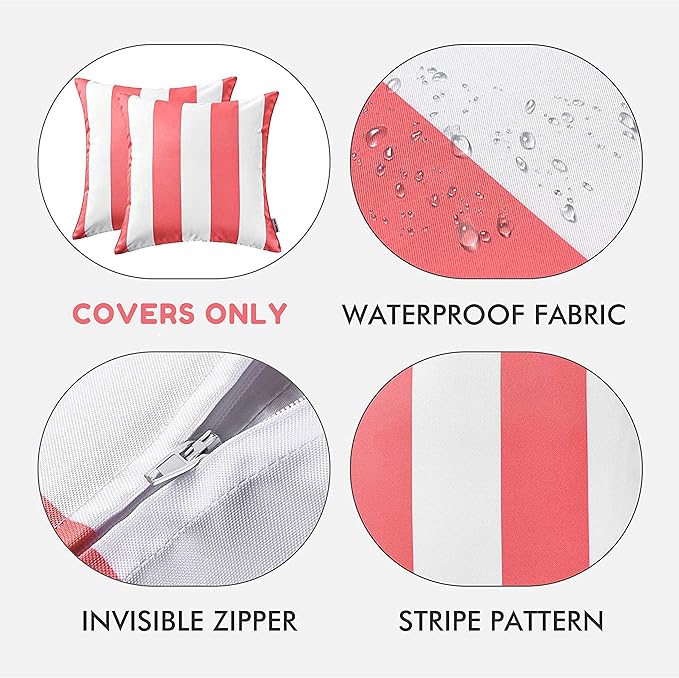 Western Home Pack of 2 Decorative Outdoor Solid Waterproof Striped Throw Pillow Covers Polyester Linen Garden Farmhouse Cushion Cases for Patio Tent Balcony Couch Sofa 20x20 inch Pink