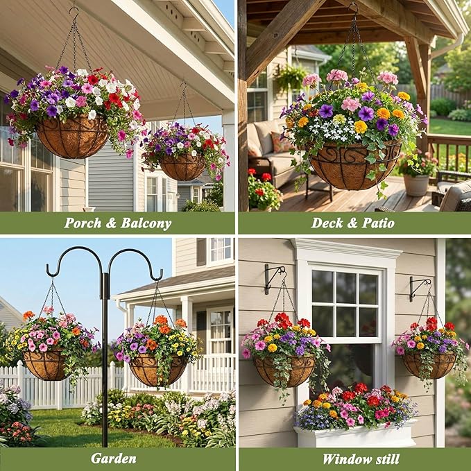 2 Pack Hanging Baskets for Plants Outdoor 12 Inch Metal Hanging Planters with Coco Coir Liner, Round Hanging Flower Pots for Home Garden Patio Balcony Porch