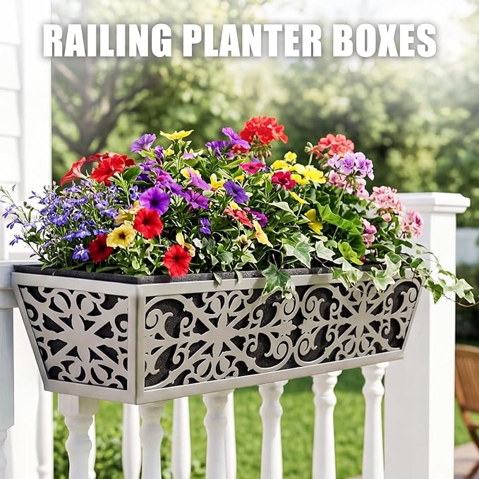 2 Pack 30 Inch Window Boxes Planter for Outdoor Plants Deck Railing Planters Box with Adjustable Brackets for Porch Fence Balcony Hanging Flower Baskets with Non-Woven Fabric Liner for Garden Décor