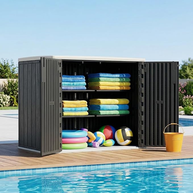 37 Cu. Ft Outdoor Storage Box, Waterproof Resin Shed with Lockable Lid, Horizontal Outdoor Storage Cabinet for Patio Garden Lawn Mower Bike Tools, Wood-Like HDPE Panels, Easy Assembly