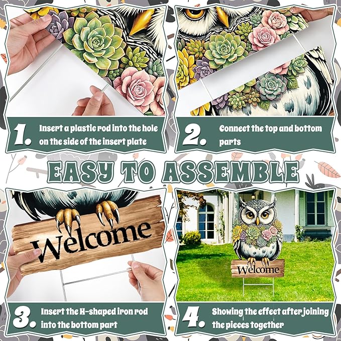 Spring Yard Decorations Welcome Owl Yard Sign with Stakes, Farmhouse Front Porch Garden Outdoor Decor Rustic Animal Yard Sign for Seasonal Home Patio Decor
