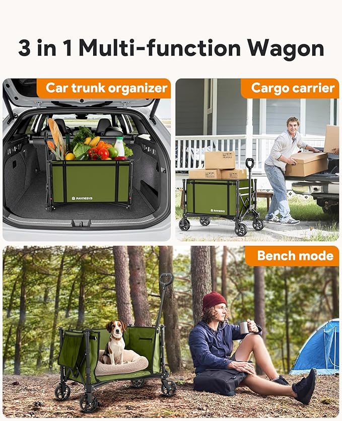 Raynesys Collapsible Wagon Cart with Wheels 220lbs Foldable Wagon 120L Shopping Cart for Groceries Folding Utility Wagon for Beach, Garden, Camping, Sport, Wheelbarrows, Green