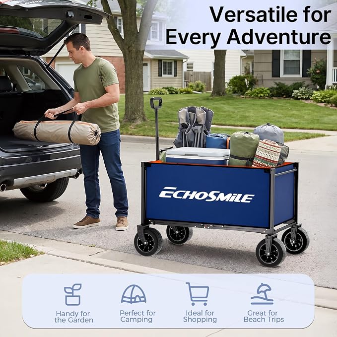 EchoSmile Collapsible Wagon Cart for Camping & Beach - Heavy Duty 400lbs Capacity All-Terrain Cart with Wide Wheels, Portable Folding Utility Wagon for Grocery, Garden, Sports,Blue&Orange