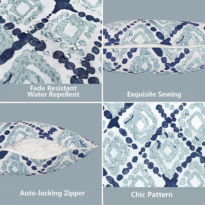 LVTXIII 2 Pack Outdoor Lumbar Pillow Covers 12x20 Inch with Piping, Water-Repellent Back Cushion Covers ONLY for Patio Furniture, Sofa, Garden Bench, Boho Geometry Blue
