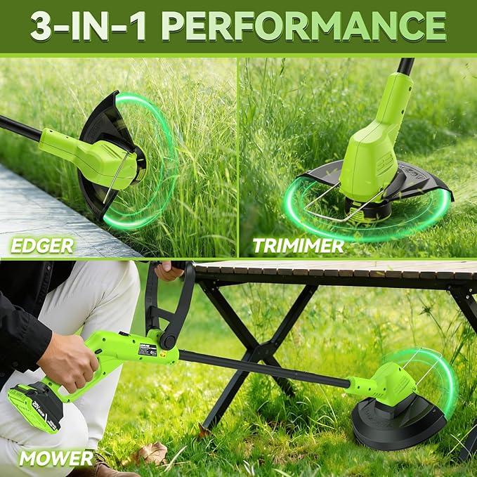 GOODJOB 20V 12" Cordless Weed Wacker, 3.5LBs Ultra-Lightweight Weed Eater, 180° Pivoting Head 3-in-1 String Trimmer & Lawn Edger with (2) 2.0Ah Batteries and Auto-Feed for Non-Stop Yard Work