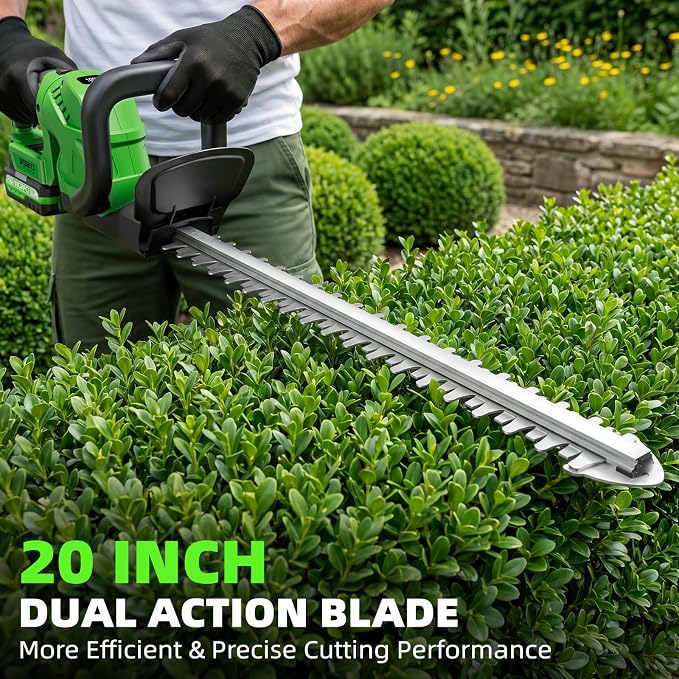 20-Inch Cordless Hedge Trimmer (Includes 2 Batteries and Charger), Electric Handheld Bush Trimmer, 180° Rotatable Handle, Grass Shrub Trimmers, Lightweight & Compact Green