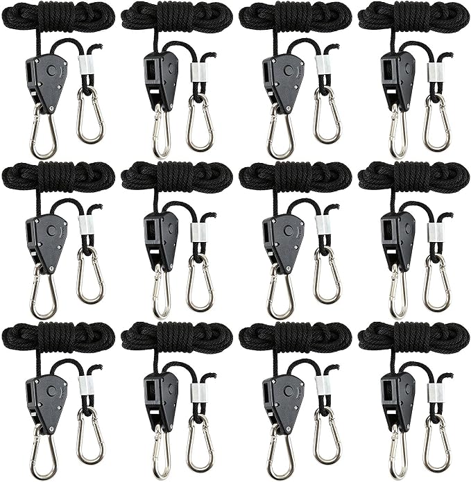 12 Pack Rope Clip Hanger 1/8 Inch 8 FT Adjustable Lifting Pulley Lanyard Hanger with M5 Iron Galvanized Carabiner, Reinforced Metal Internal Gears Ratchets 150lbs Capacity, Black