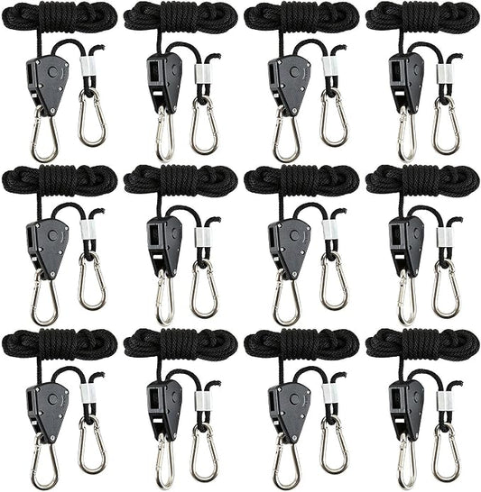 12 Pack Rope Clip Hanger 1/8 Inch 8 FT Adjustable Lifting Pulley Lanyard Hanger with M5 Iron Galvanized Carabiner, Reinforced Metal Internal Gears Ratchets 150lbs Capacity, Black
