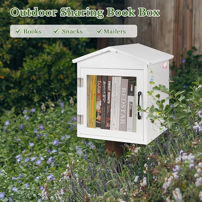 Outdoor Library Outdoor Book Box Storage Small Wooden Cabinet Little Literature Box for Neighborhoods Community and Schools Sharing Books, Flyers, Newspapers, Food and Art