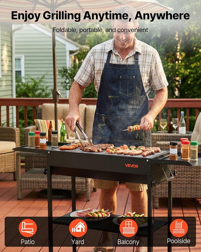 VEVOR Foldable Charcoal Grill, Portable Charcoal Barbecue Grill with Adjustable Height & Folding Side Tables, High-Temp Powder-Coated Steel Outdoor BBQ Grills for Camping Backyard Parties
