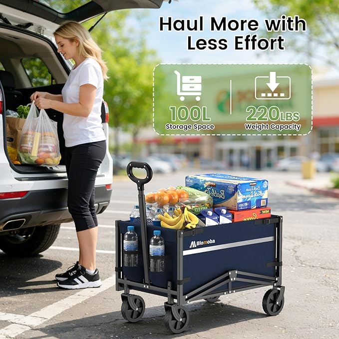 Blomoba Collapsible Wagon Cart, 220LBS Heavy Duty Collapsible Wagon with All-Terrain Wheels 360° Rotation, Flexible Handle, Portable Utility Cart for Grocery Sports Garden Shopping Camping Beach, Blue