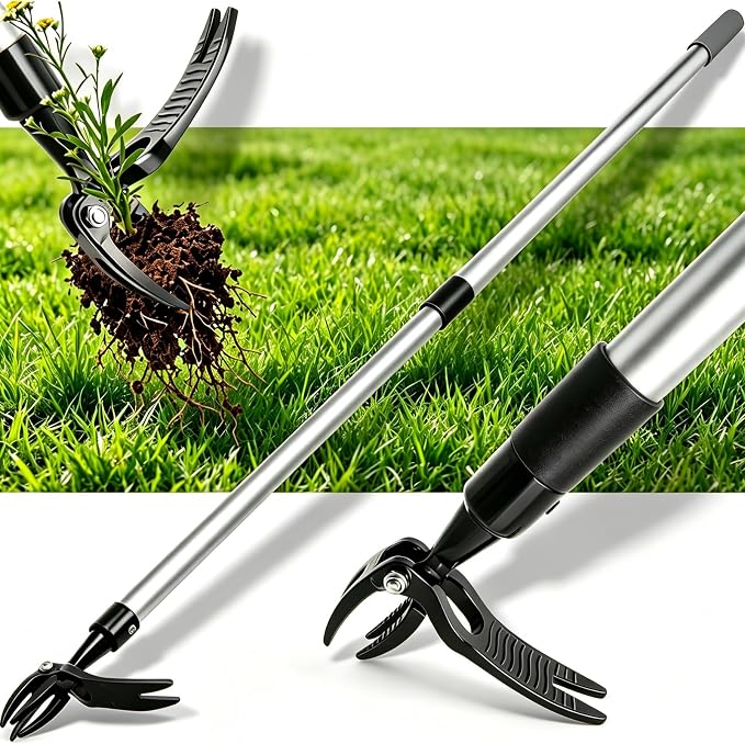 Hoffen Adjustable Stand Up Weeder (33-55 Inch), Lightweight Aluminum Weed Puller Tool, Telescoping Rotating Handle, 4-Claw Rust-Free, Corrosion-Resistant Gardening Tool for All Ages, Easy to Store