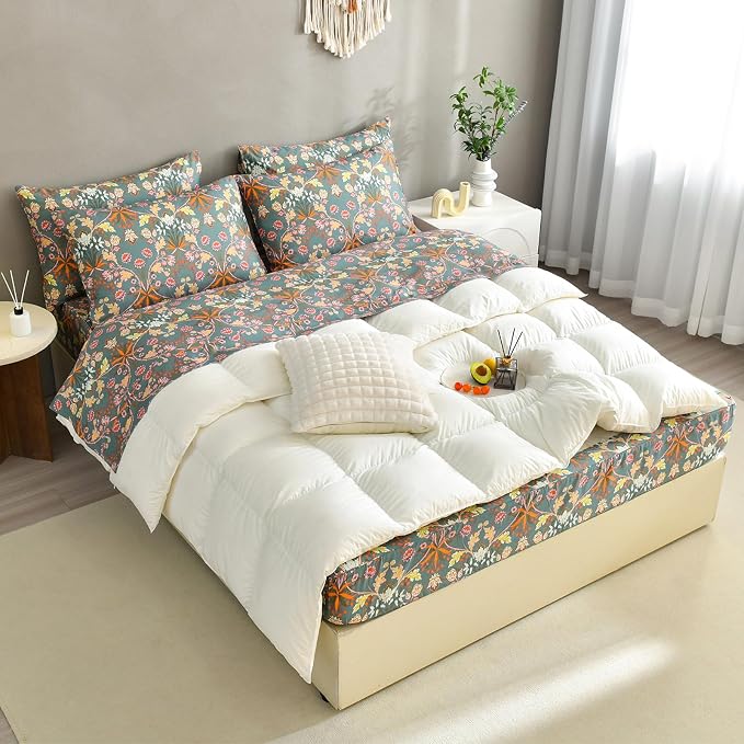 QSH Egyptian Cotton Floral Bed Sheets Queen Size,Luxury Silk Feel Paisley Botanical Pattern Printed Floral Sheets Sets Queen Extra Soft and Breathable 4pcs Deep Pockets Elegant Bedding Sheets