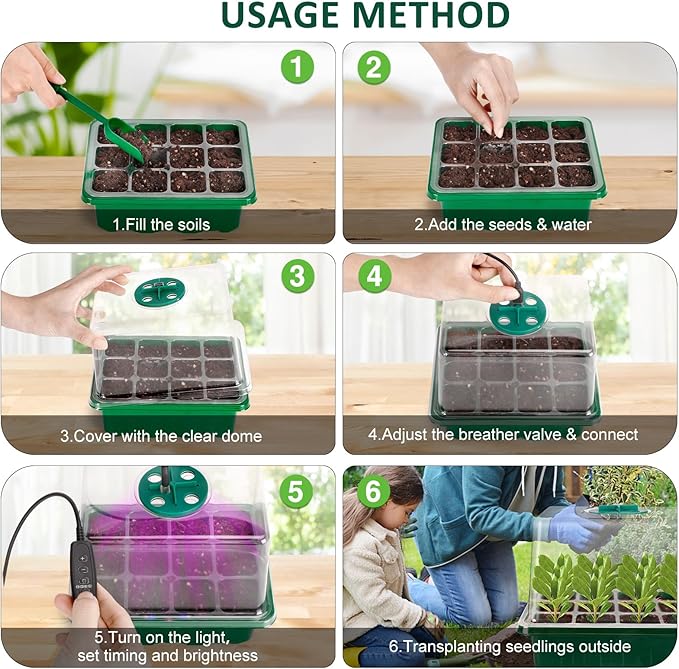 Seed Starter Tray with Grow Lights 5 PCS Kit Humidity Dome Adjustable Brightness Timer Controller 8 LED Seedling Trays with Tall Lid Mini Greenhouse for Staring Seedlings