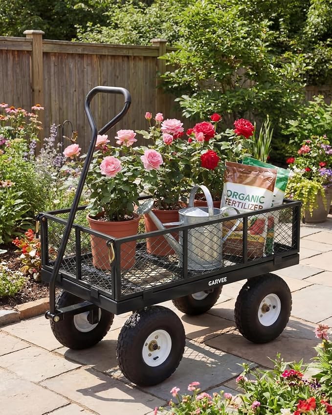 Garvee Versatile Outdoor Utility Cart - 400LBS Heavy-Duty, 10" All-Terrain Pneumatic Tires, Easy Maneuverable Lawn Cart with Removable Mesh Panels for Gardening & Landscaping，Black