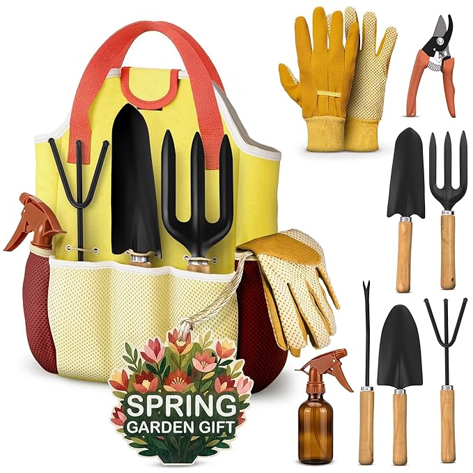 Compact Gardening Tool Set of 9 - Mini Garden Kit for Women with Multiple Pockets, Rust-Proof Steel Planting Tools for Gardeners - Portable Garden Tool Bag, Outdoor and Indoor Gardening Kit for Women